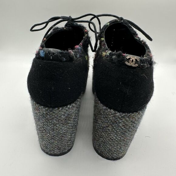 Chanel 15K Lace up Multicolor Sz 35 1/2 US 5 1/2 Black Tweed  Platform Oxford - Picture 3 of 10